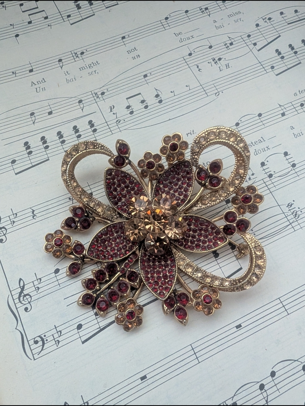 Vintage Statement Brooch Floral Rhinestone Brooch - Gold and Burgundy
